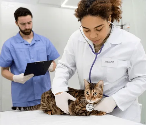 Due veterinari che controllano un gatto